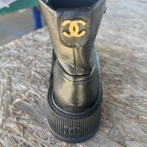 CHANEL Black and Gold Ankle Boots